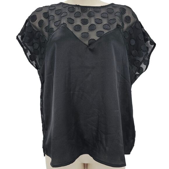 Lulu's Tops - Lulus Womans size S Portina Black Satin Polka Dot Top Sheer Mesh Back Keyhole